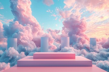 Dreamlike geometric shapes and clouds in a pastel-colored sky