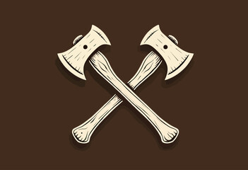 Barbershop Logo Featuring Crossed Axes with Subtle Woodcut Detailing and White Line Art on a Chocolate Brown Background, Flat Vector Graphic Style

