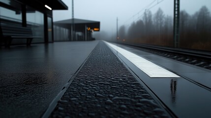 Naklejka premium Rainy train station platform in the fog. A low-angle view of a wet platform, rain droplets on the dark surface, a white line marking the train tracks, and a station building in the background.