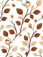 Seamless pattern of brown and beige stylized flowers and leaves on white background
