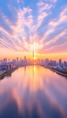 Fototapeta premium Serene cityscape sunrise reflected in calm waters, pastel sky