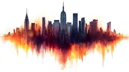 Dramatic Illuminated Cityscape Skyline with Skyscrapers and Reflection at Sunset Dusk
