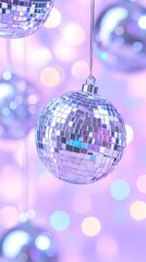 Fototapeta premium Shimmering disco ball ornaments hang against a soft purple bokeh background