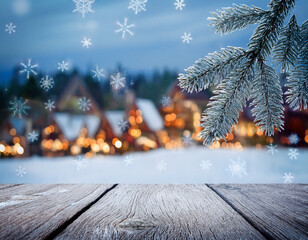 Vintage wooden table in front of a blurry winter holiday background