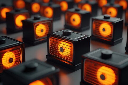 A field of vintage-style radios glows with warm orange light, creating a retro and futuristic aesthetic.