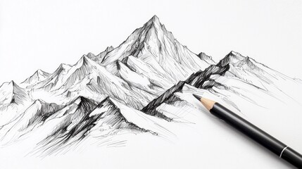 hand-drawn mountain landscape sketched with fineliner on white background, detailed peaks and natural contours