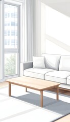 Fototapeta premium Sunlit living room with white couch, coffee table, and city view