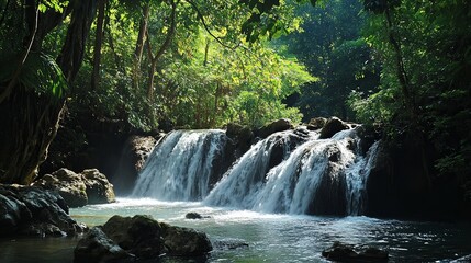 Obraz premium Waterfall adventure in lush jungle nature photography tranquil environment serene viewpoint
