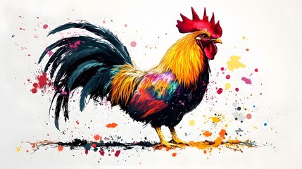 Fototapeta premium Vibrant Rooster Painting with Colorful Splatter Background