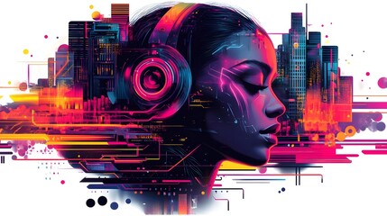 Futuristic Digital Portrait of Elegant Woman in Colorful Neon City Skyline