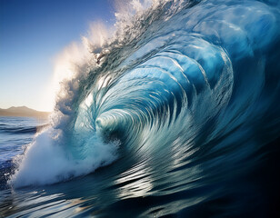 Water wave under blue sky.  . Water wave with bubbles