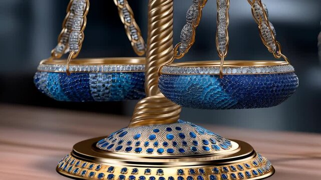 Elaborate golden scales with blue and white jewels representing balance, fairness and justice