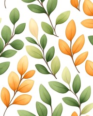 Watercolor-style seamless pattern of green and orange leaves on white background