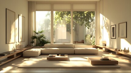 Fototapeta premium Serene and Cozy Minimalist Living Room with Wooden Accents and Natural Lighting