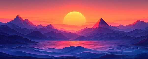 Digital sunset landscape with pyramids and colorful mountain scenery