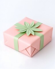 Obraz premium A blush pink gift box adorned with a pale green ribbon and origami-style leaf decoration