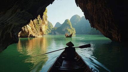 Fototapeta premium Exploring serene waters kayaking adventure halong bay scenic landscape close-up view nature's beauty