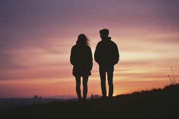 Fototapeta premium Two silhouettes stand against a vibrant sunset, symbolizing companionship and the beauty of twilight.