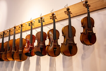 violin and bow hang on the shelf 