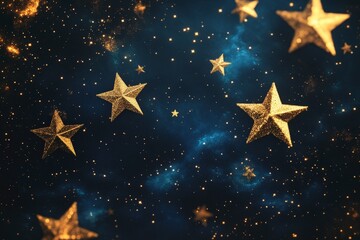 Golden stars twinkle in a deep blue cosmos on a serene night, creating a magical and enchanting atmosphere
