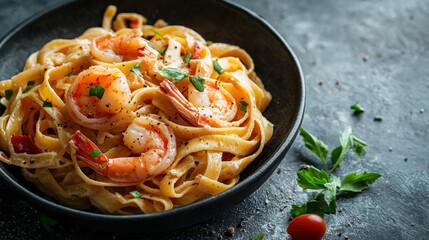 Delicious seafood pasta dish with shrimp and herbs served in a black bowl on a dark textured surface with fresh greens and cherry tomatoes for a flavorful meal