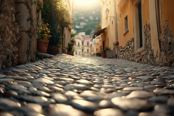 Naklejka premium Sunlit cobblestone street in a charming historic European town, showcasing aged buildings and vibrant flowers.