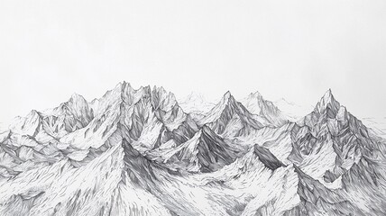detailed ink drawing of alpine mountains using fine liner on plain white surface, showing texture and shading