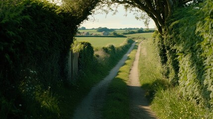 Countryside lane, tranquil nature walk, scenic rural road, summer, green foliage, peaceful countryside view