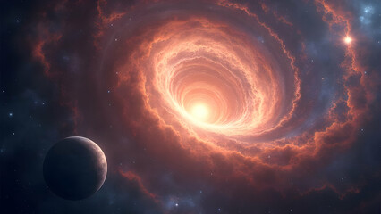 Dramatic Space Vortex Pulling Stars, Nebula Gas, near Galaxy, Planet, Constellations