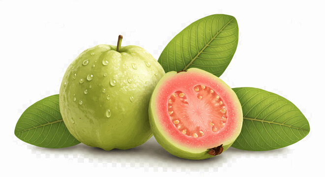 A photograph focusing on a peaceful and picturesque landscape shows a guava and two leaves. The guava appears against a transparent background with no side shadows. Vector illustration