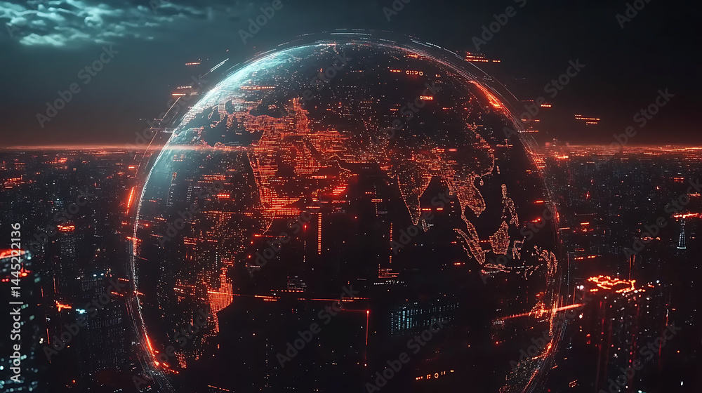 Poster planet earth in space , binary code technology , glowing sphere on black background