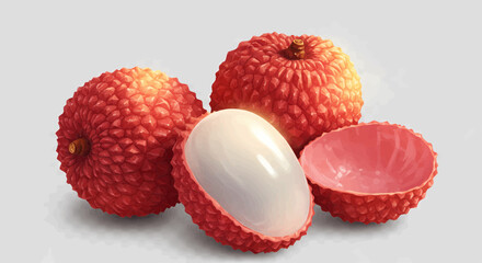 Digitally generated image with vivid color and sharp clarity showing three lychees on a transparent background with a faint grid pattern. Vector illustration