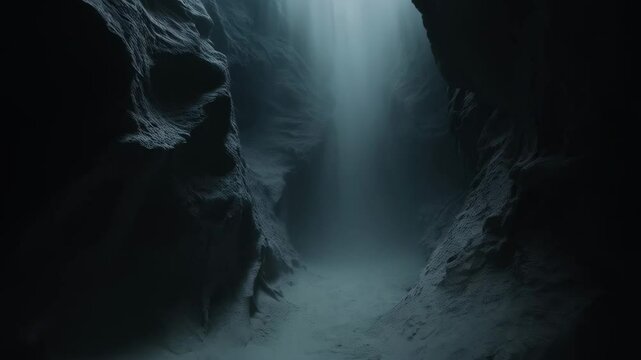 Mysterious underwater cave exploration: Diver illuminates dark crevice with flashlight beam. Submerged limestone formations create eerie atmosphere for adventure tourism