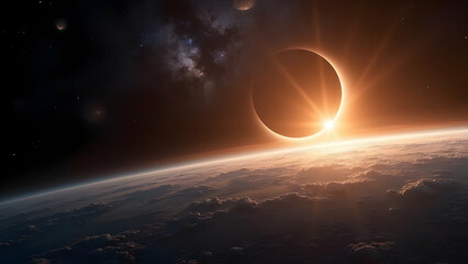 Panoramic Lunar Eclipse with Shadowed Moon, Curved Earth, and Sun Rays