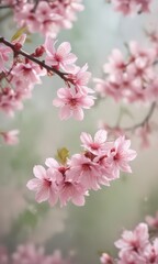 Obraz premium Delicate pink sakura petals drift gently on a soft-focus spring background , photograph, ethereal, abstract