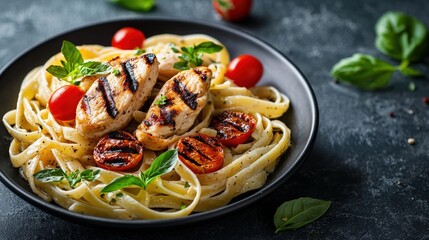 Fototapeta premium Delicious grilled chicken pasta dish with cherry tomatoes fresh basil herbs and melted cheese served on dark ceramic plate on rustic black surface