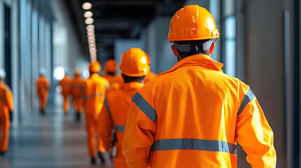 Group of workers in orange safety gear and helmets evacuating a building during an emergency drill. Ideal for safety training, evacuation procedures, and workplace safety visuals