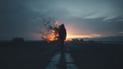 Fototapeta premium Silhouette of a person walking on a road, surrounded by fiery particles.