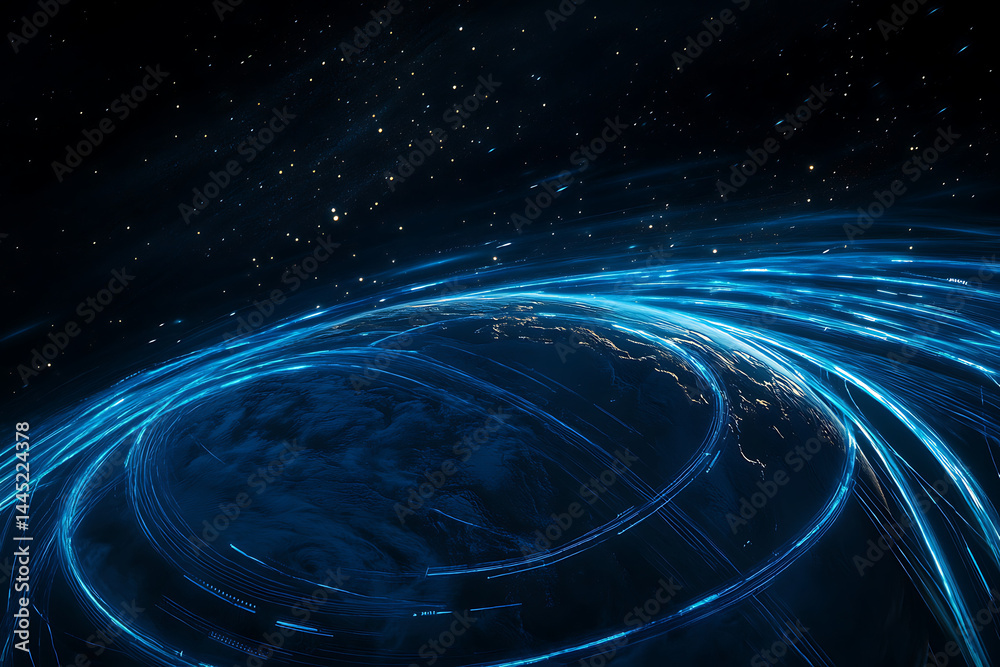 Sticker planet earth in space , binary code technology , glowing sphere on black background