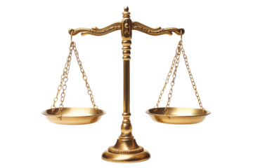Golden Antique Scales Justice Symbol Balance Law Equality Legal Theme Icon Metal Brass Chain Court on transparent background