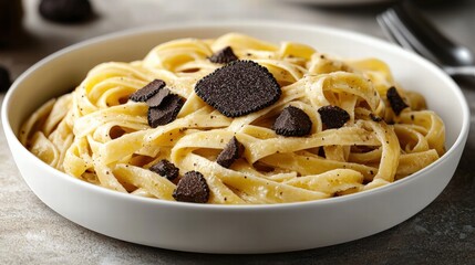Delicious creamy Italian pasta dish featu fettuccine noodles coated in a rich sauce and topped with flavorful black truffle slices in an elegant white oval bowl