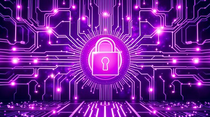 cyber security concept with a bright pink lock surrounded by radiating circuit patterns in a tech background