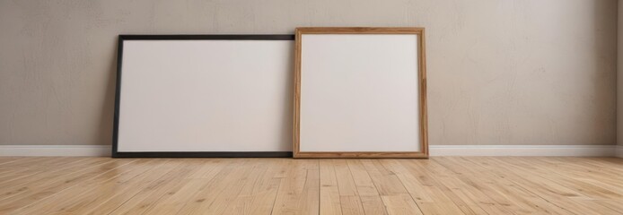 Modern empty frame on light wood floor  Perfect for showcasing artwork or designs , simple, blank