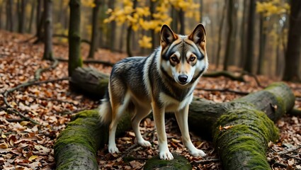 Obraz premium Wolf standing on mossy log in forest