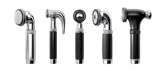 Fototapeta premium A collection of five different metal and black handheld shower spray heads are displayed isolated on a transparent background.