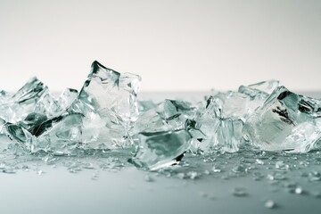 Pristine ice shards scattered across a minimalistic surface evoke a sense of purity and refreshing coolness, emphasizing nature's fragile beauty.