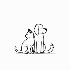 Clean Vector Illustration of a Cat and Dog Sitting Together in Profile View, Black Line Drawing on White Background, Simple Logo Design for Pet Store or Vet Branding
