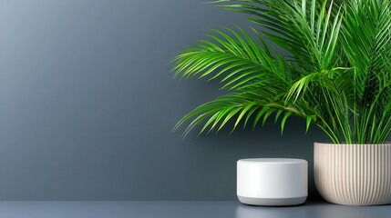 Obraz premium Green tropical plant in a modern pot on a sleek grey surface.