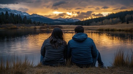 Couple sits lakeside watching an amazing colorful sunset mountains background. It shows relationships, journey, travel, nature and peaceful scenery.