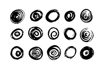Set of abstract hand-drawn circular doodles in black. Perfect for creative designs, decorative patterns, logos, artistic concepts, textures, graphic projects, and modern art elements.
